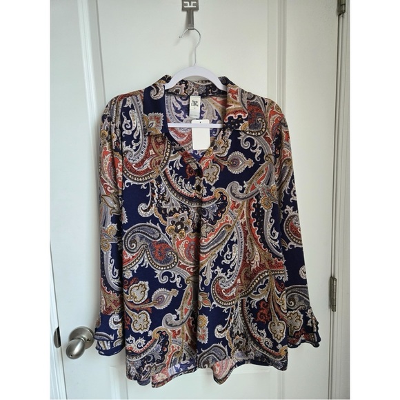 Sew In Love Tops - Sew In Love Blue and Gold  long Sleeve Blouse with Mandarin Collar